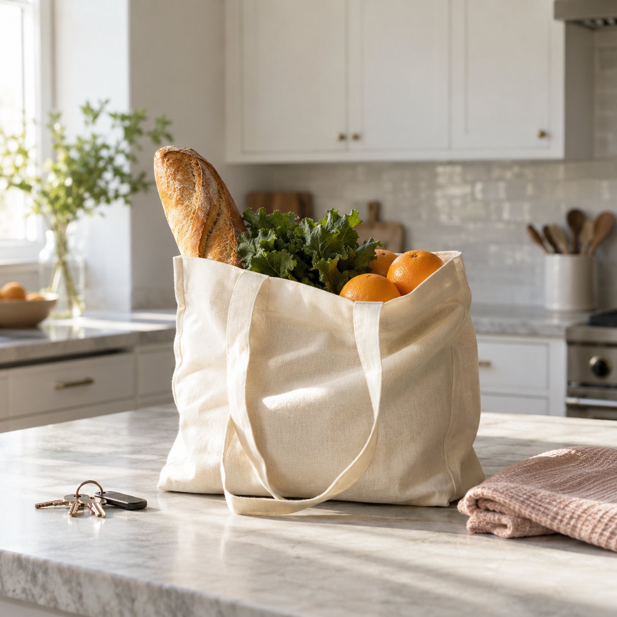 A grocery tote and house keys on a sunlit kitchen counter.